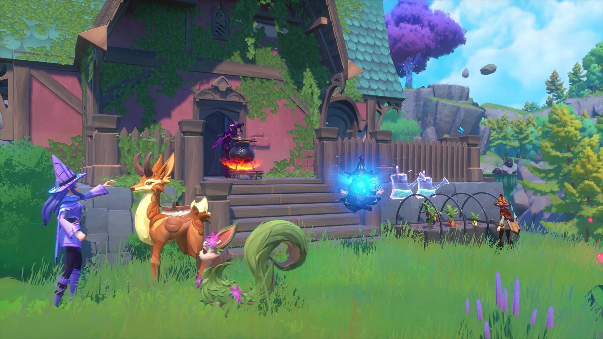 A blonde witch with a braid tends to a glowing cauldron — Witchspire crafting