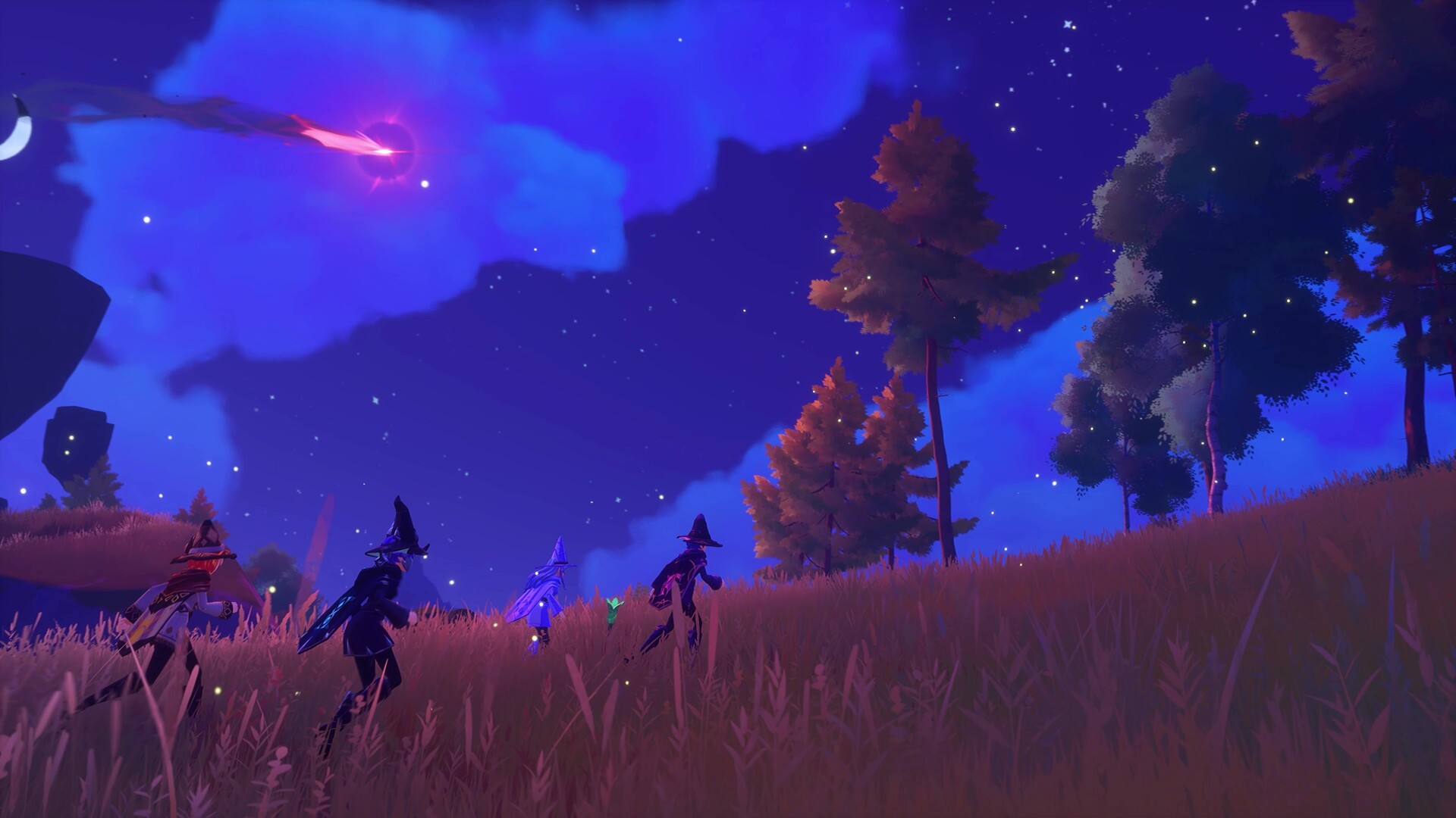 Three witches in the Witchspire forest with a bound Hound familiar