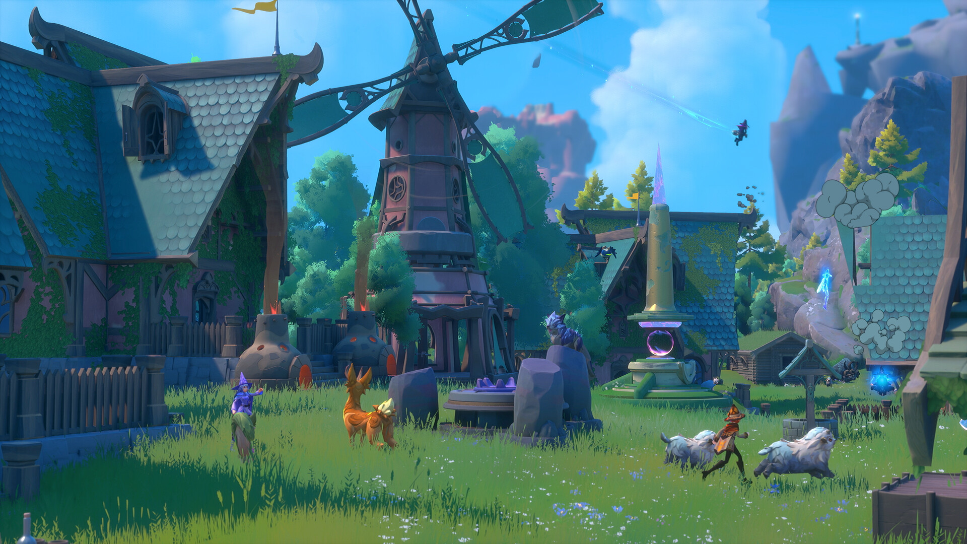 A witch in a straw hat stands in front of a cozy Witchspire village Hearth